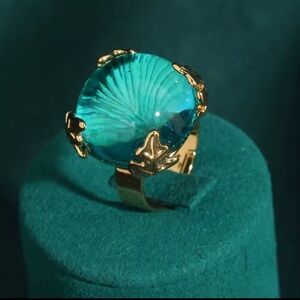 Luxury Couture Aqua Crystal Orb Ring 18K Gold Designer Statement Jewelry